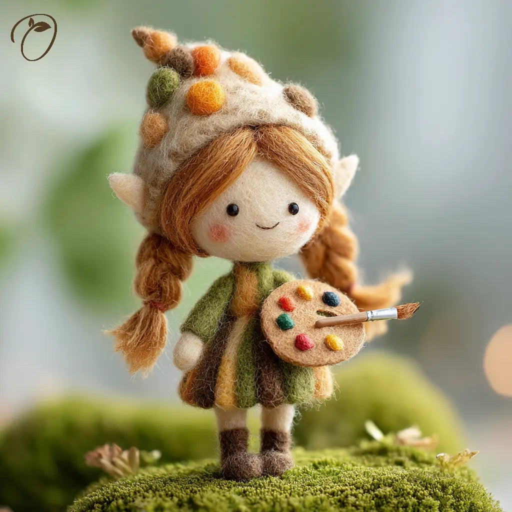 Felted toy of a girl with animal ears holding a paint palette and brush on a green background