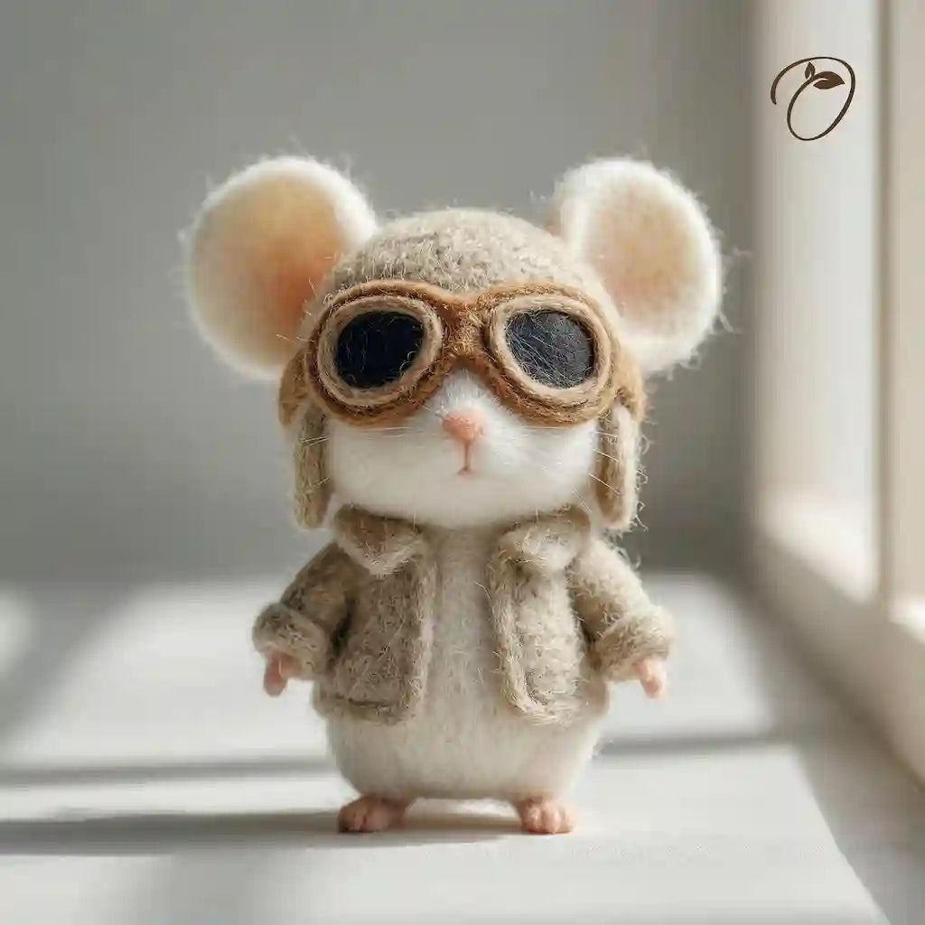 Toy mouse with goggles and a coat on a light surface