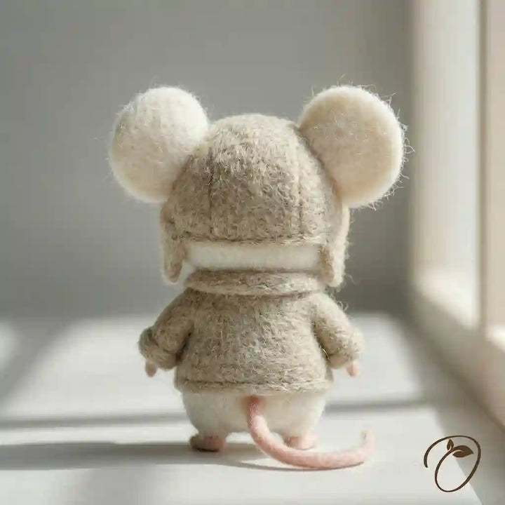Small plush mouse toy wearing a coat on a light surface with a soft background