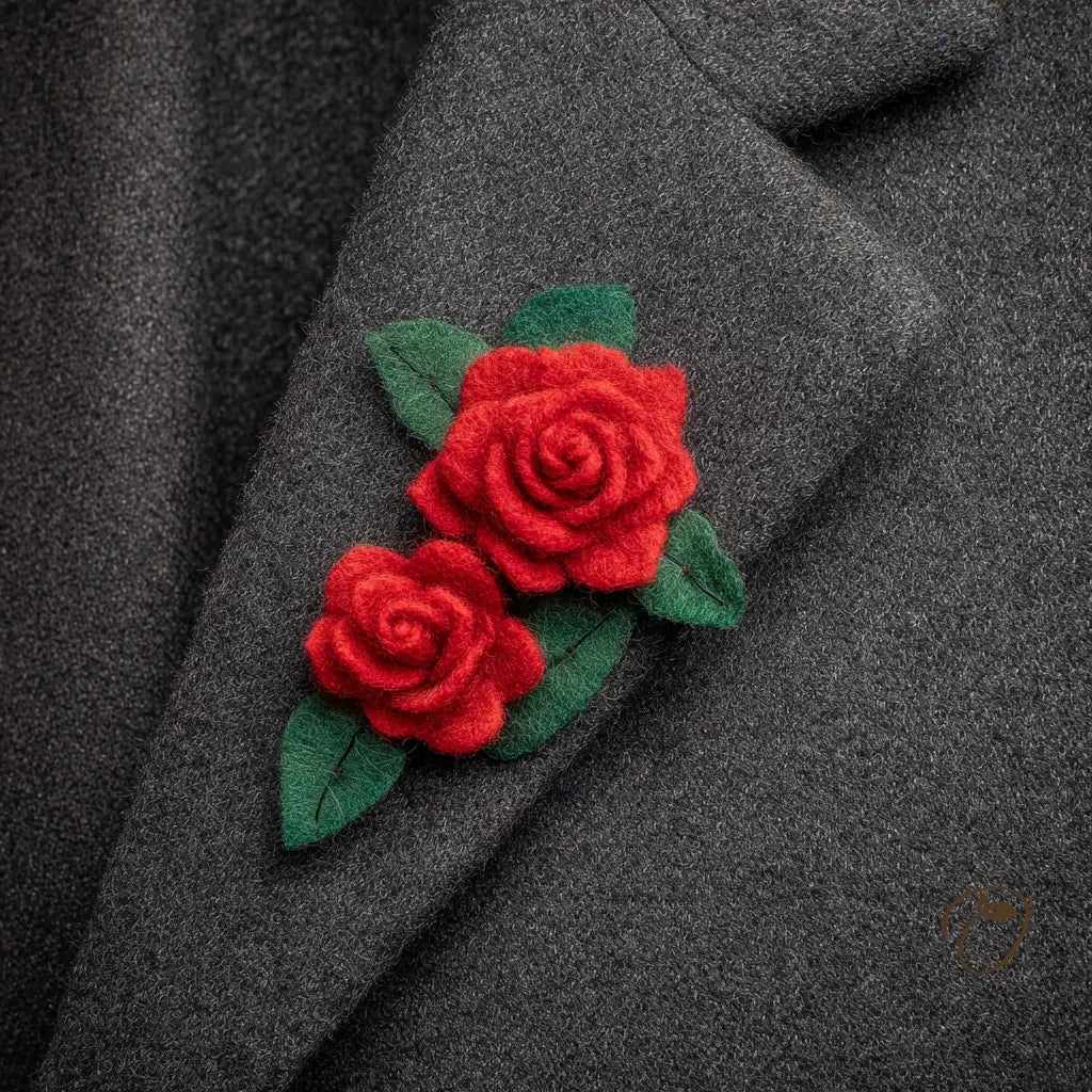Red rose brooches on a dark gray coat