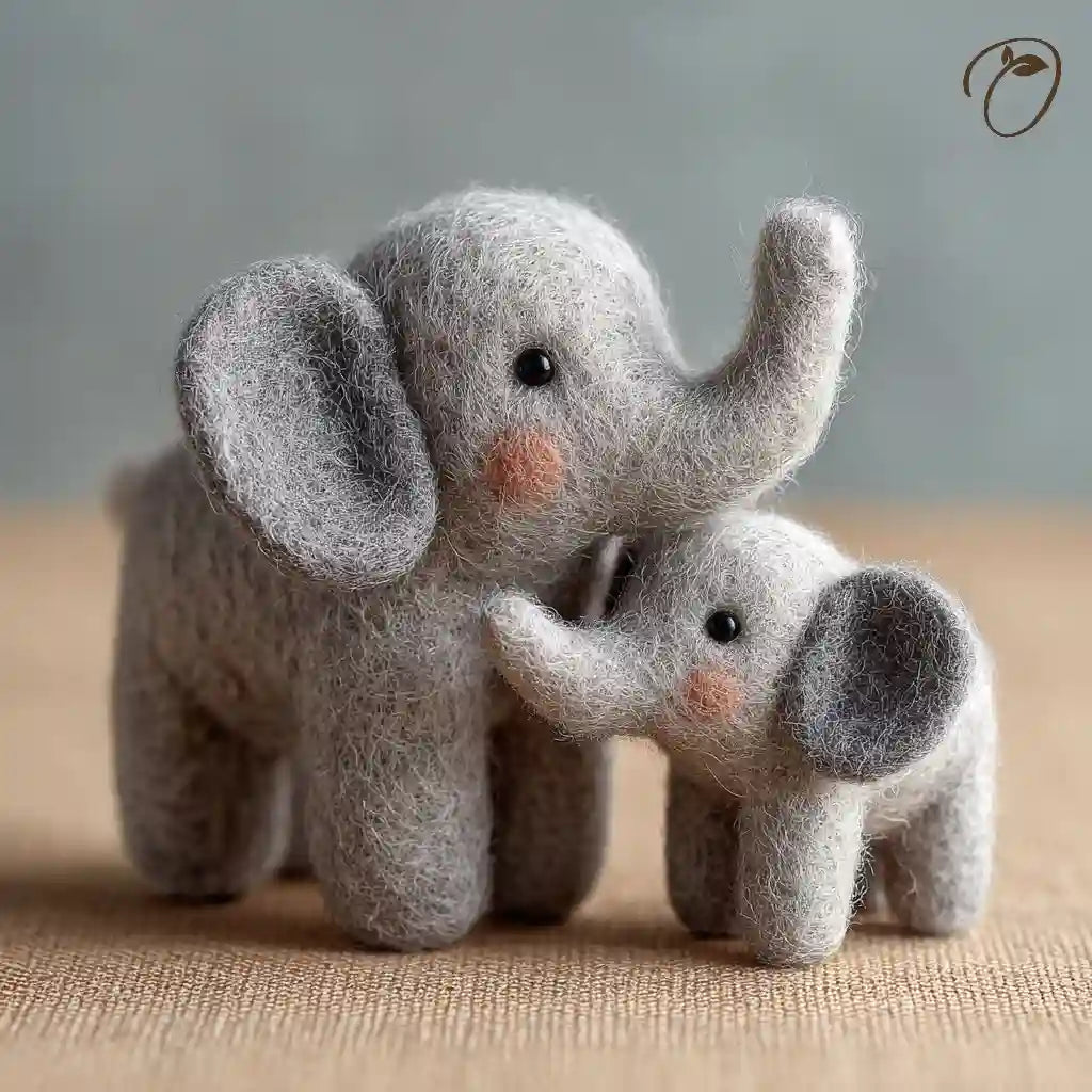 Two felted elephant toys on a textured surface with a neutral background
