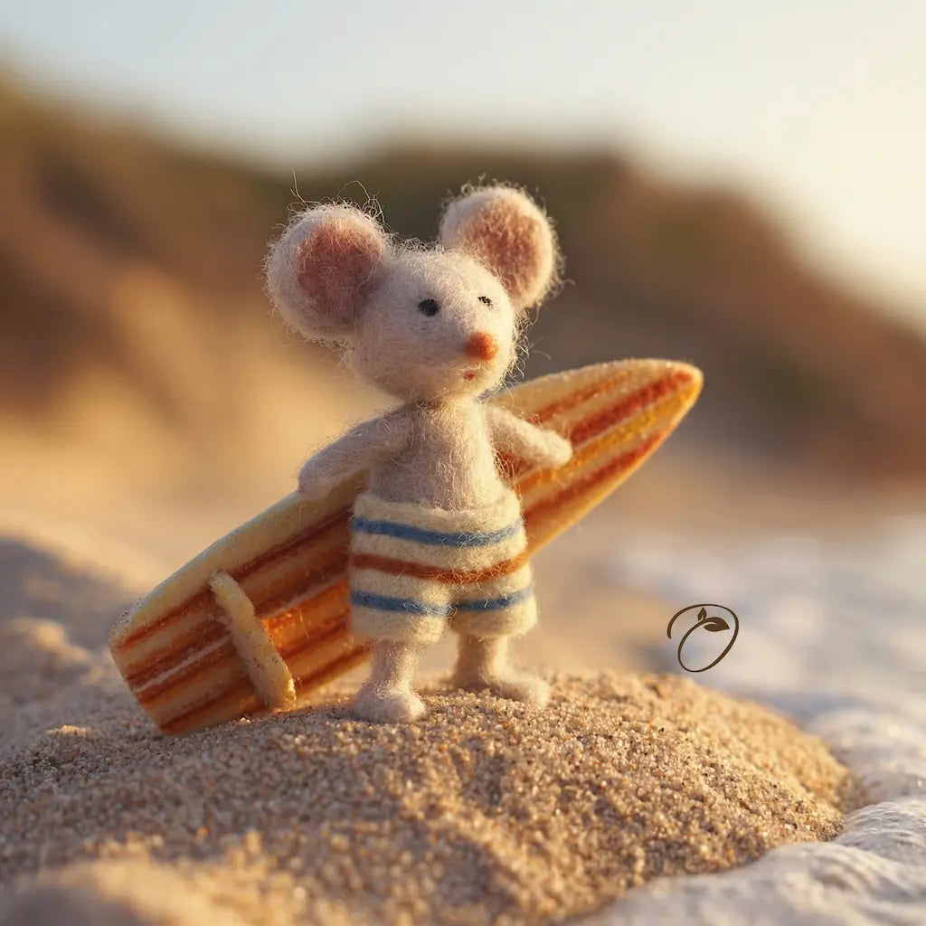 Toy mouse in a swimsuit holding a surfboard on a sandy beach