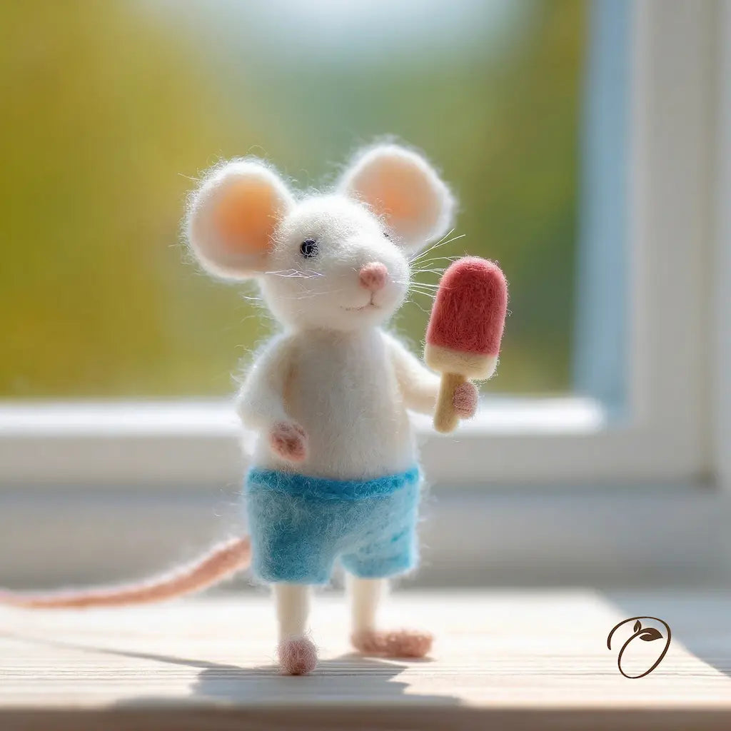 Stuffed mouse toy holding a popsicle on a windowsill