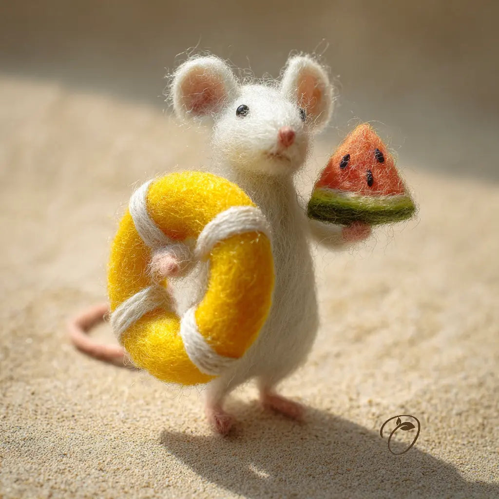 Felted mouse holding a yellow bag and watermelon slice on a sandy background