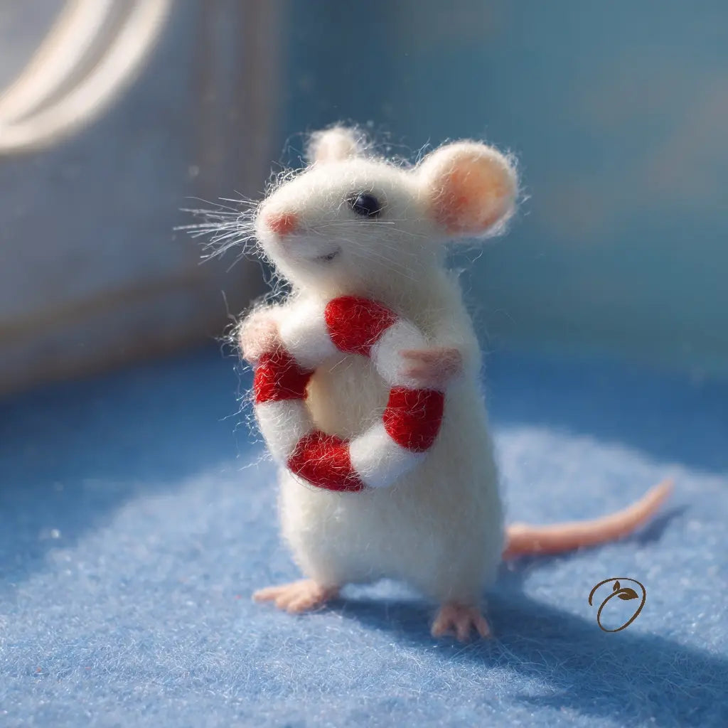 White mouse figurine holding a red and white life buoy on a blue surface