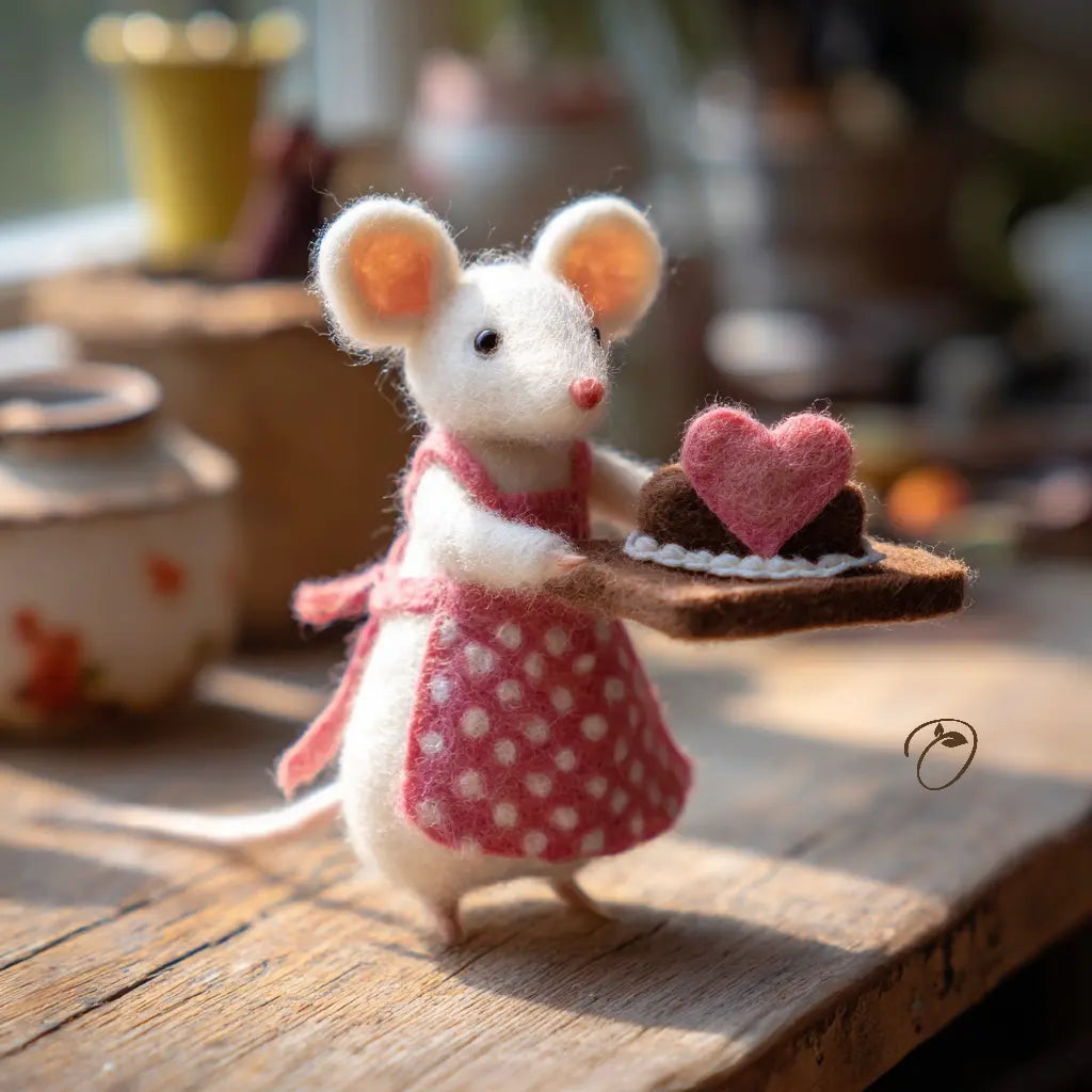 Felt mouse in a red dress holding a heart-shaped cake on a wooden table.