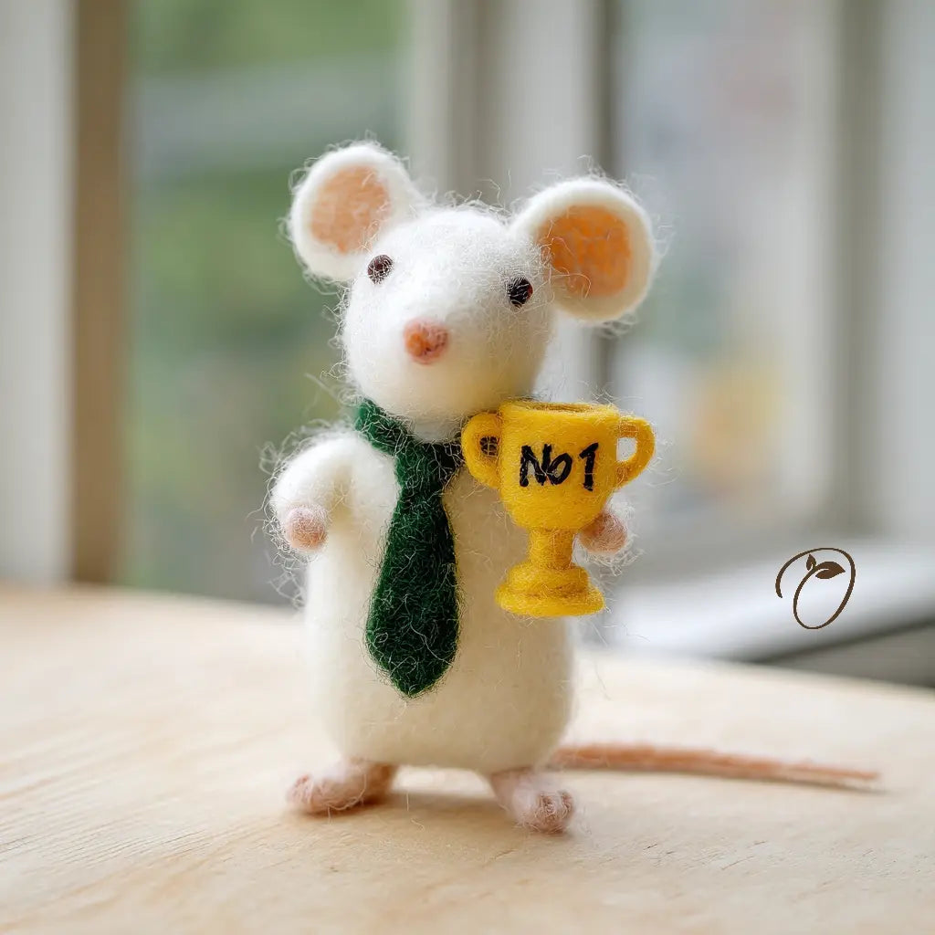 Felted mouse toy holding a yellow trophy with 'No. 1' on it, wearing a green scarf.