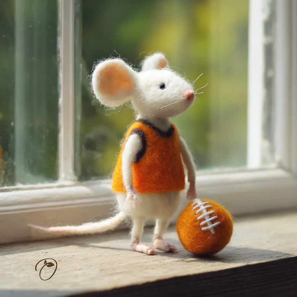 Felted mouse toy wearing an orange vest with a football on a windowsill