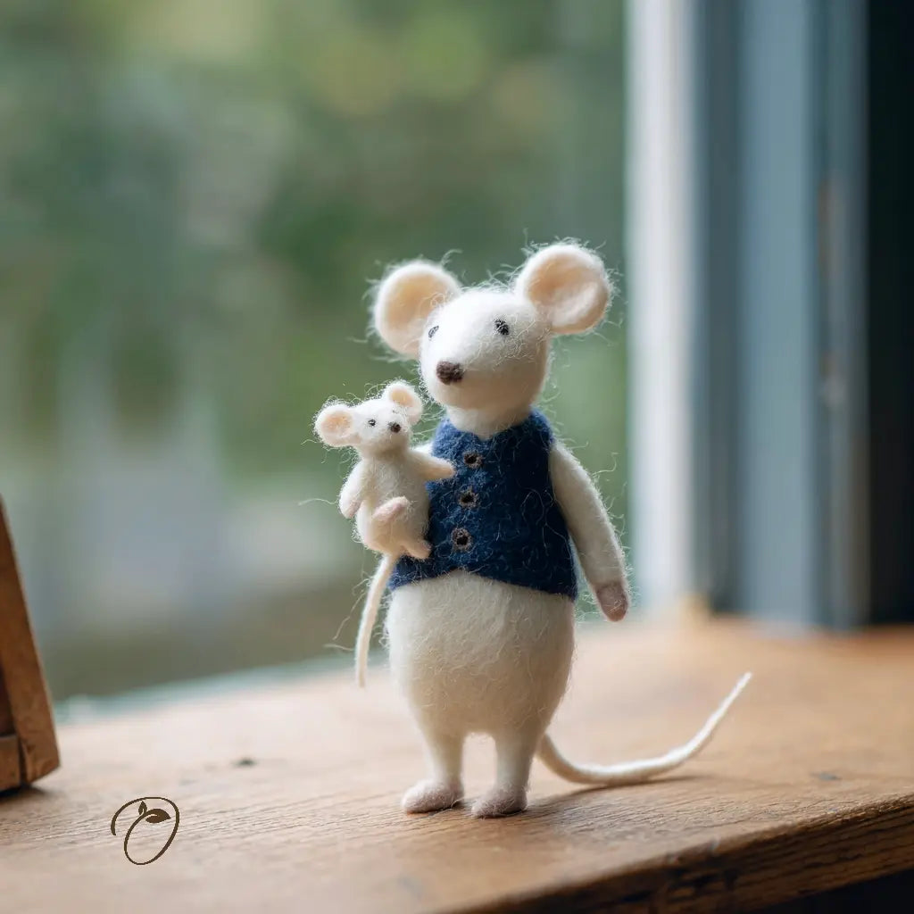 Two toy mice, one larger with a blue sweater holding a smaller mouse, on a wooden surface.
