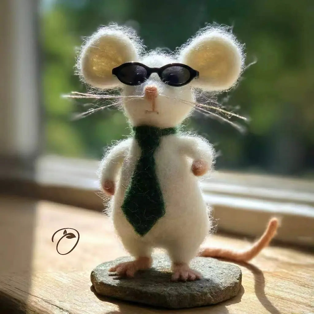 Stuffed mouse toy wearing sunglasses and a tie on a wooden surface with a blurred green background