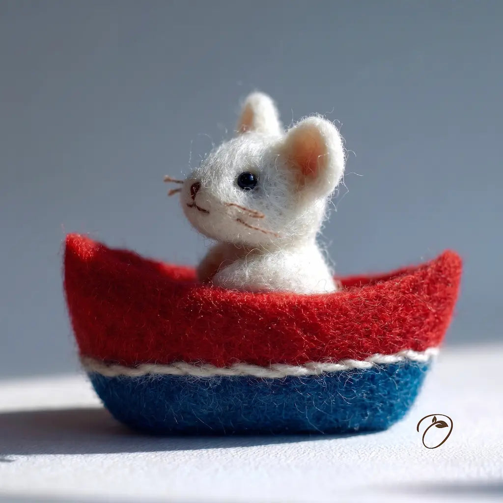 White mouse figurine in a red and blue boat on a light gray background