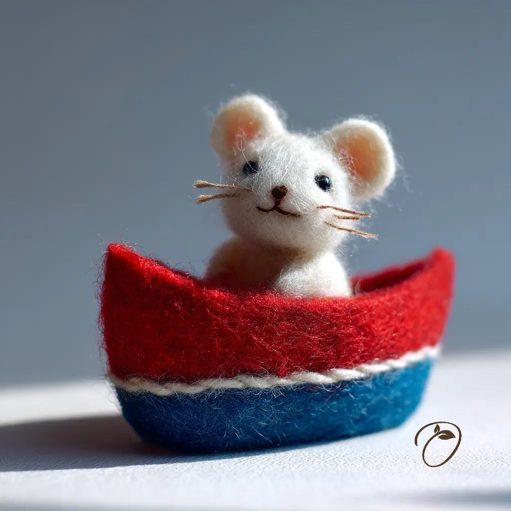 Felted mouse in a red and blue boat on a light background