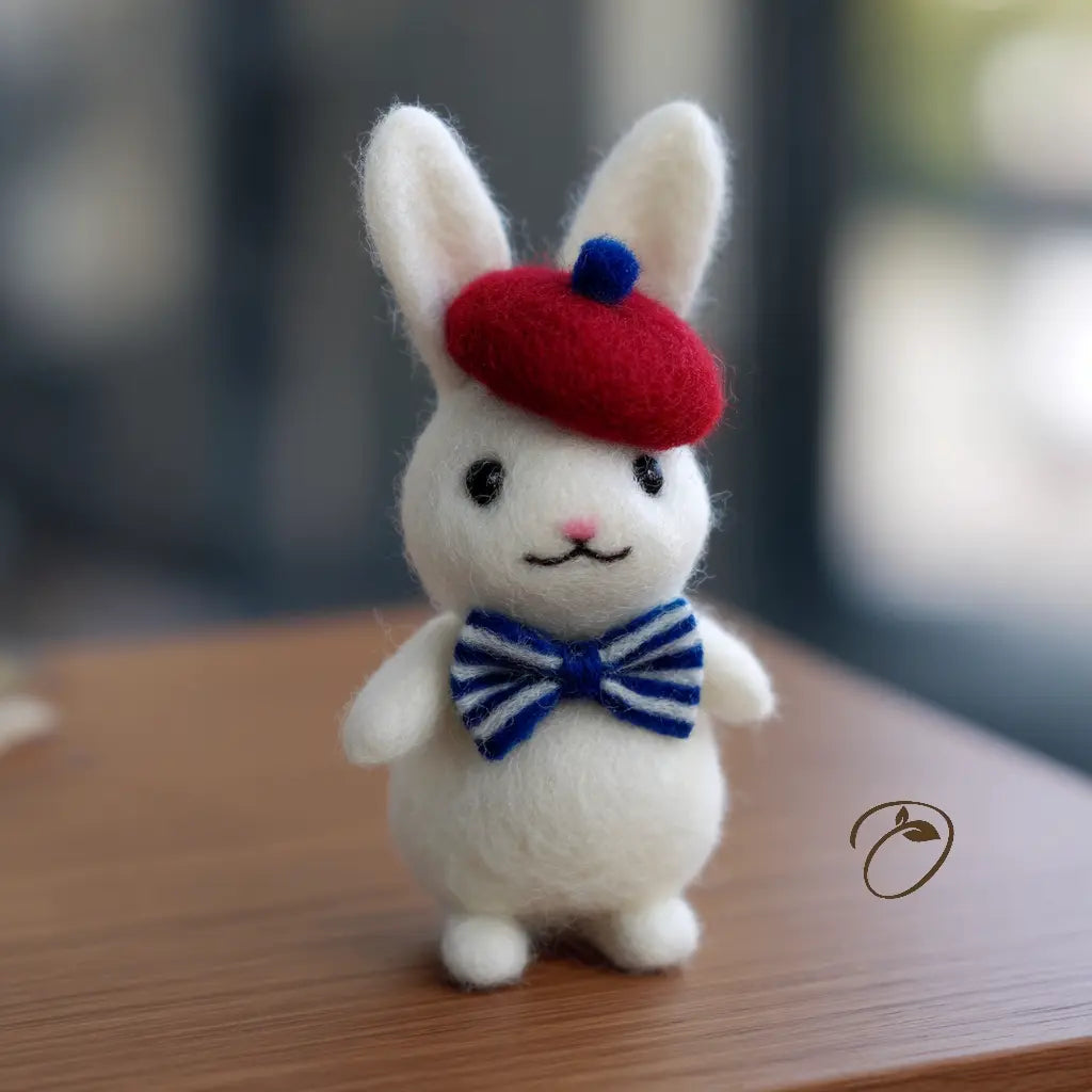 White rabbit figurine with a red hat and blue bow tie on a wooden surface