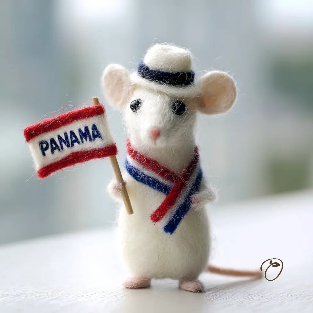 Felt mouse figurine wearing a hat and holding a Panama flag on a blurred background
