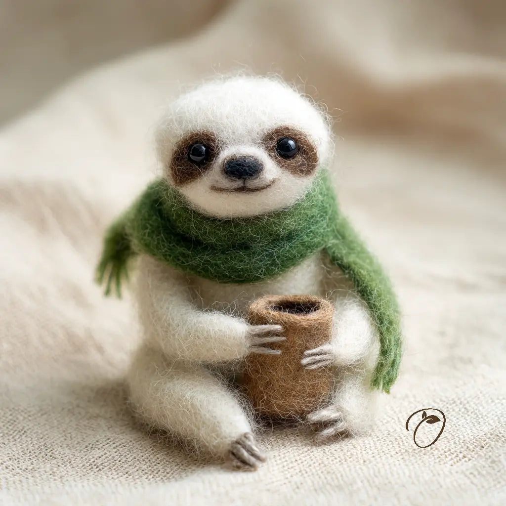 Stuffed animal sloth wearing a green scarf holding a small brown pot on a beige fabric background