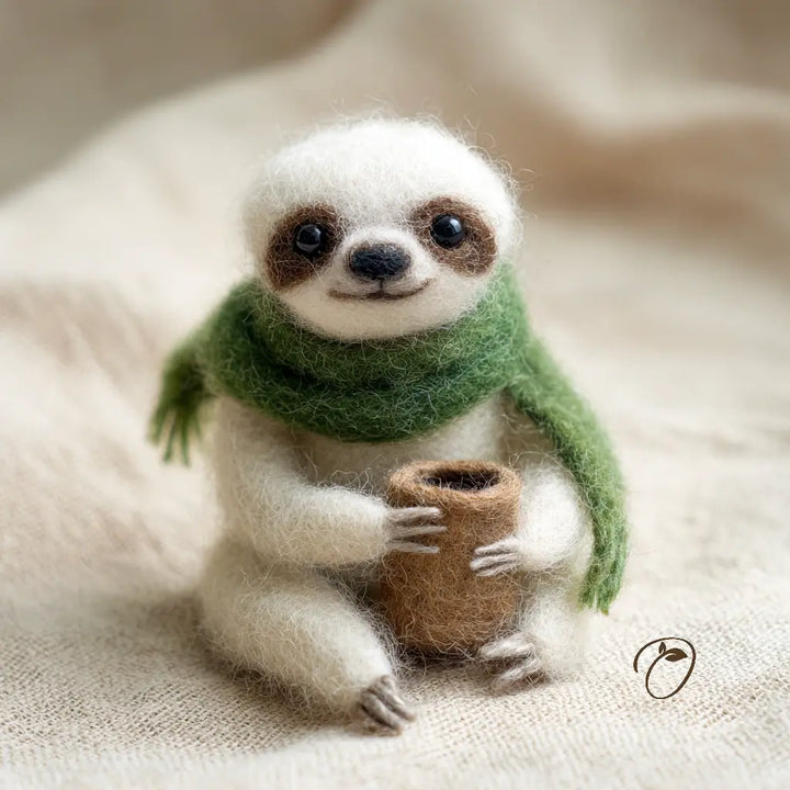 Stuffed animal sloth wearing a green scarf holding a small brown pot on a beige fabric background