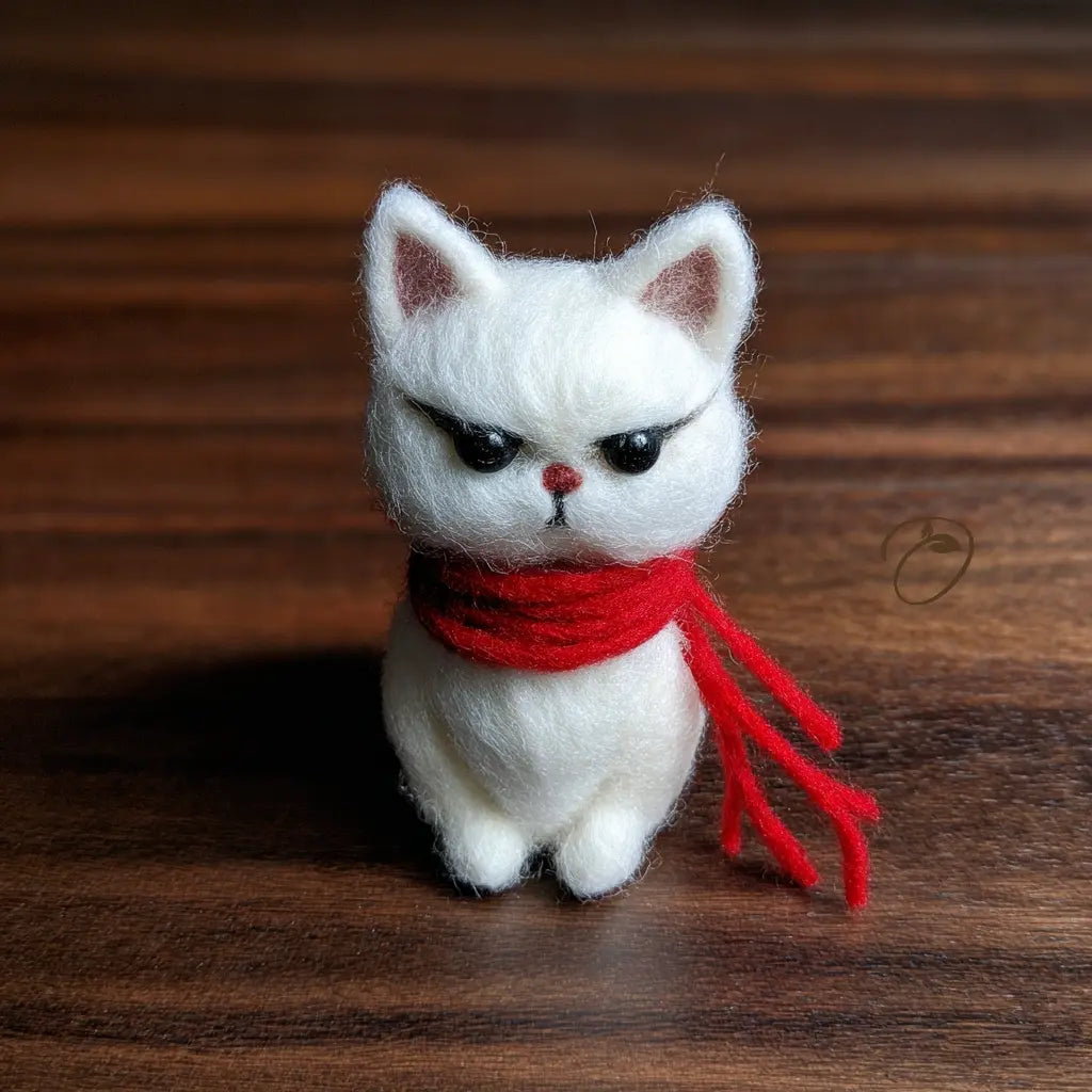 White cat figurine with a red scarf on a wooden surface