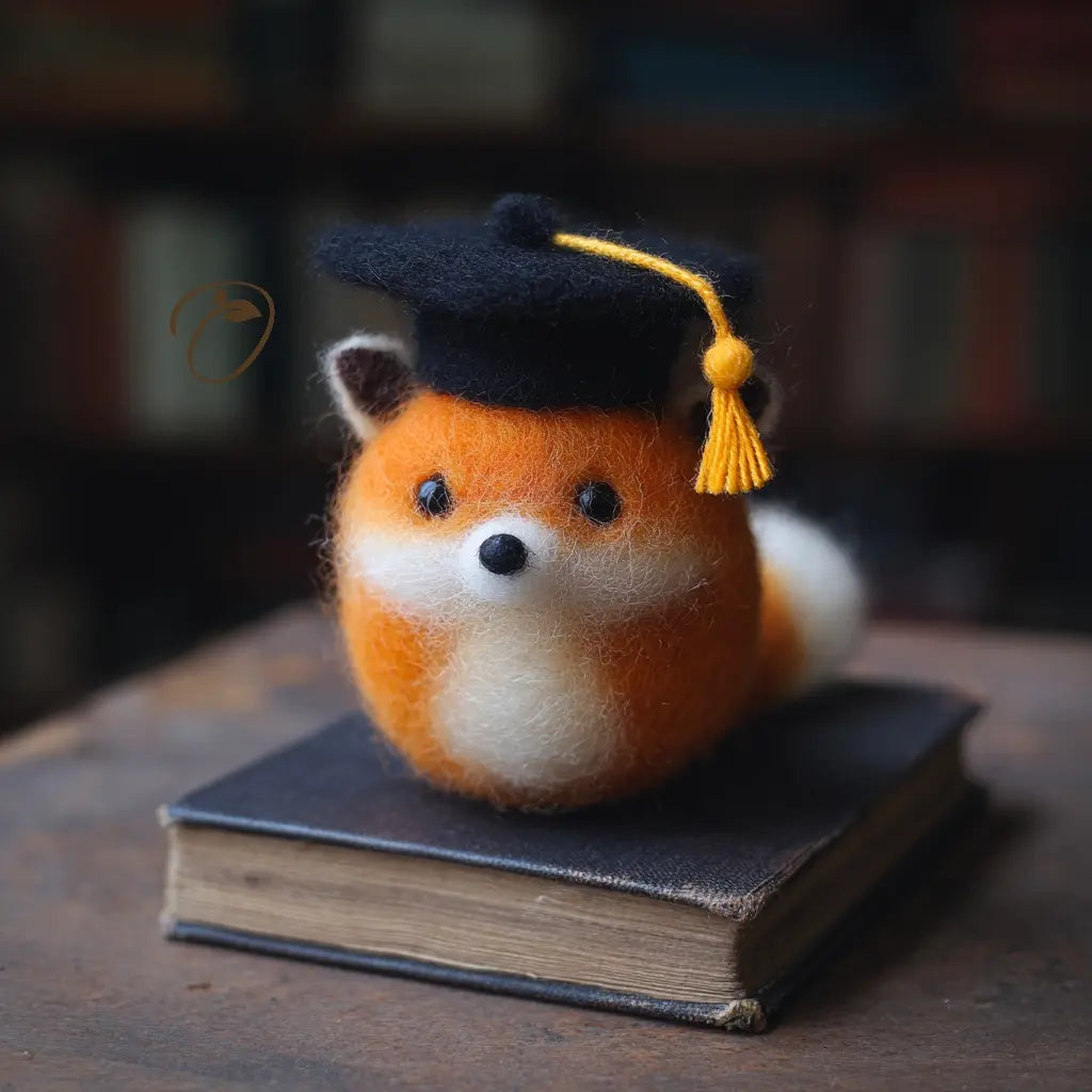 Toy fox wearing a graduation cap on top of a book with a blurred background