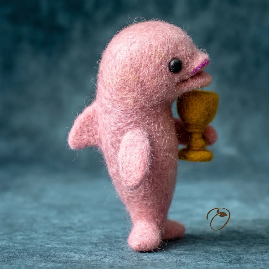 Pink felted animal holding a yellow object on a textured blue background