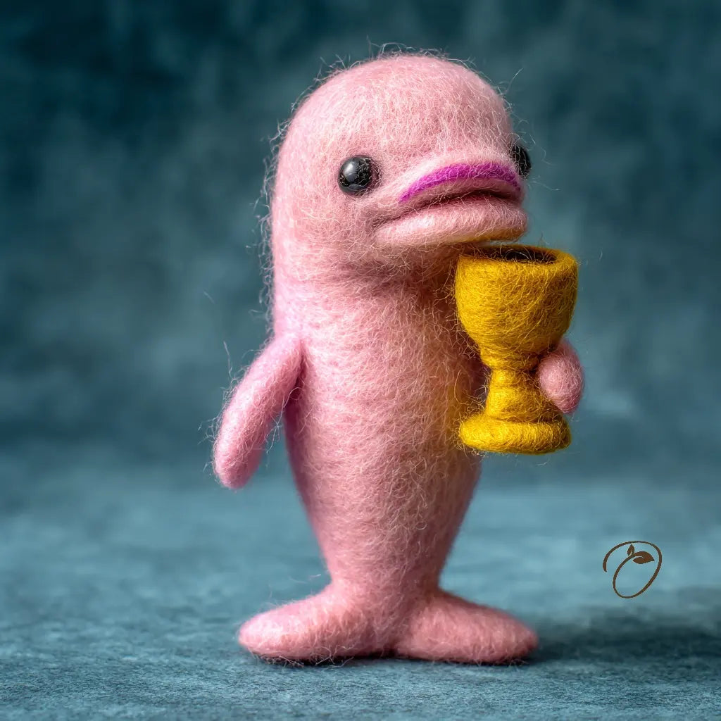 Pink felted creature holding a yellow cup against a blue background