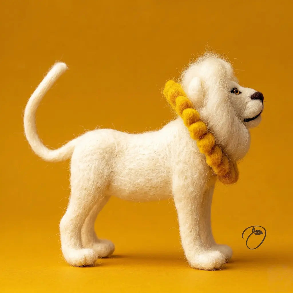 White lion figurine with a yellow mane on an orange background