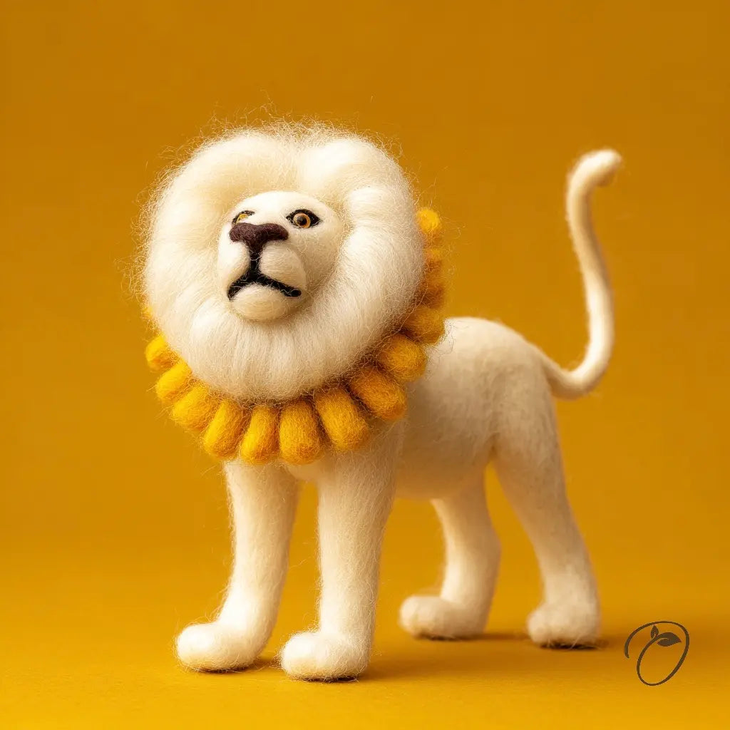 White lion toy with a yellow mane on an orange background