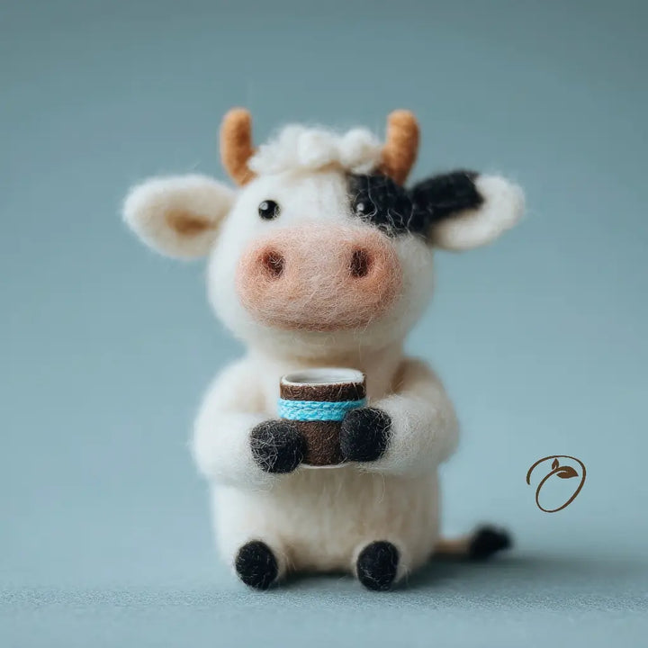 Felted cow toy holding a cup on a light blue background