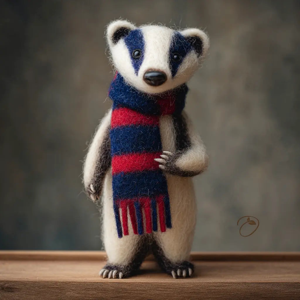 Stuffed animal wearing a blue and red scarf on a wooden surface with a blurred background
