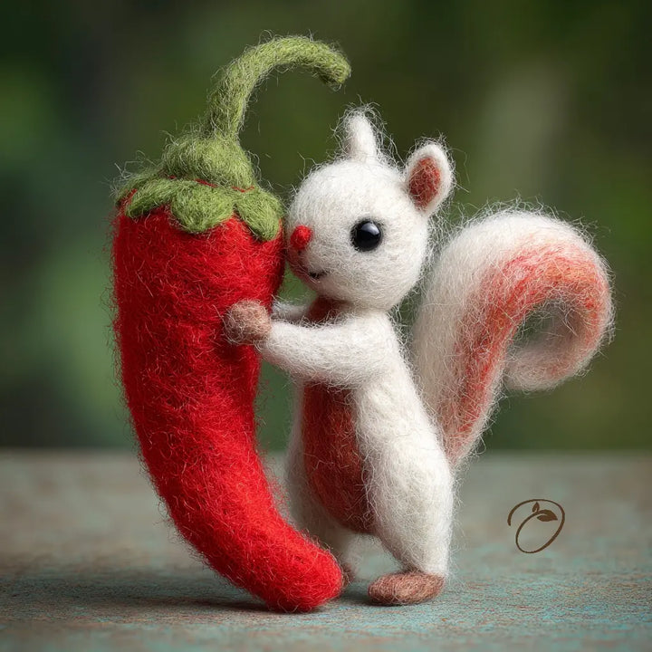 Felted toy squirrel holding a red chili pepper against a blurred green background