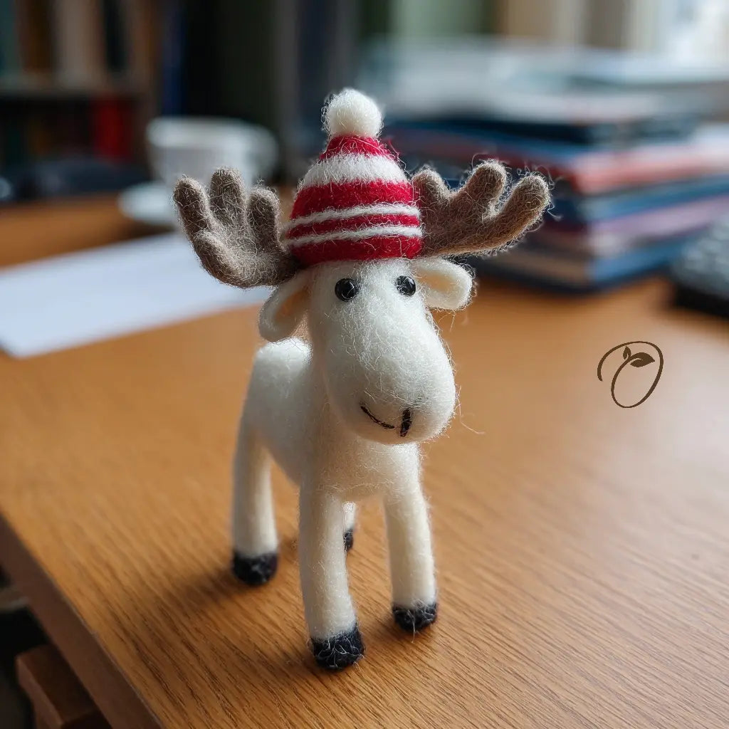Small plush moose toy wearing a red and white striped hat on a wooden surface.