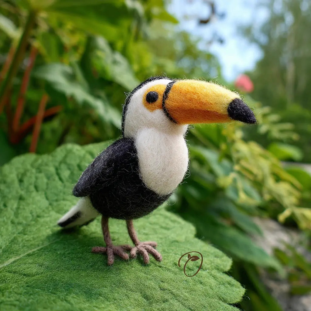 Felted toucan toy on a leaf with a natural background