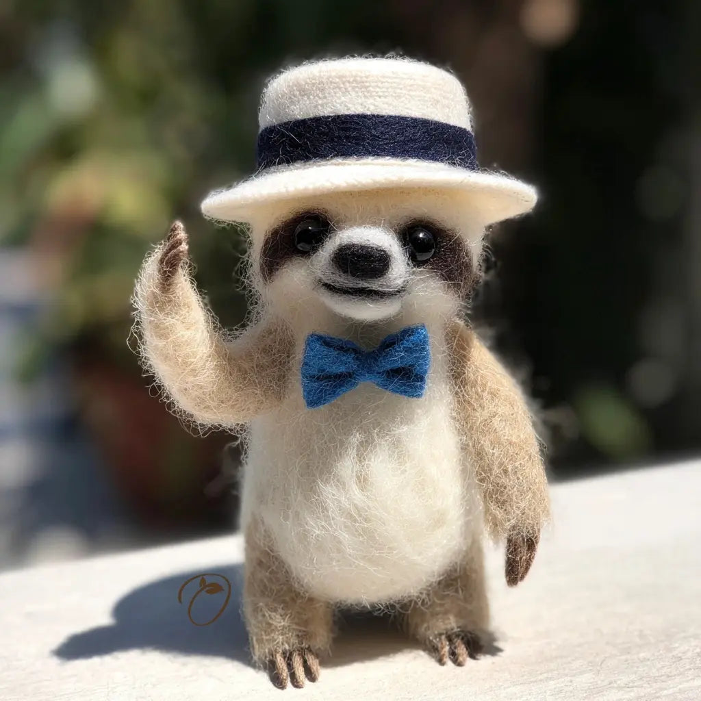 Stuffed meerkat toy wearing a hat and bow tie with a blurred natural background