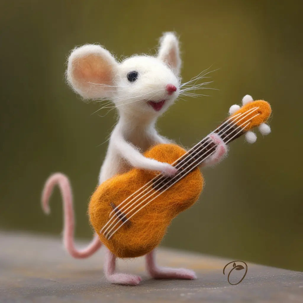 Felted mouse playing an orange guitar against a blurred background