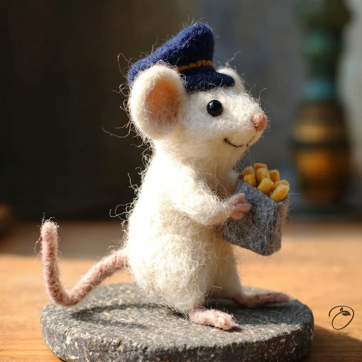 Felted mouse figurine wearing a blue cap and holding a bag of gold coins on a wooden surface.