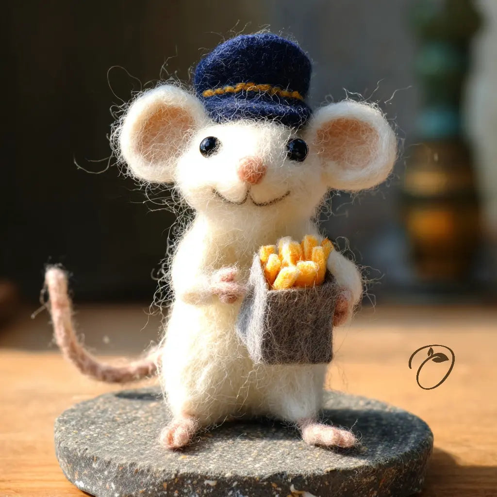 Stuffed mouse toy wearing a blue cap holding a bag of snacks on a wooden surface.