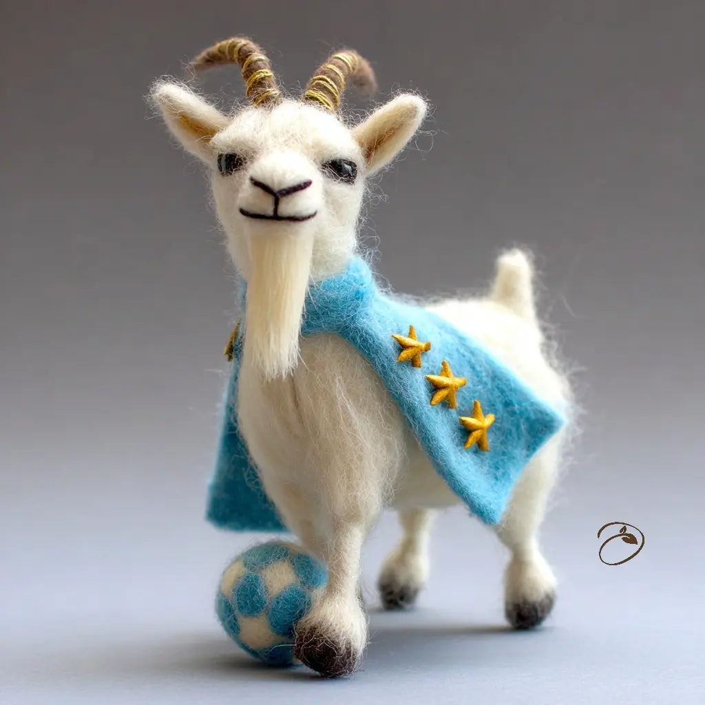Toy goat wearing a blue sweater with gold stars on a gray background