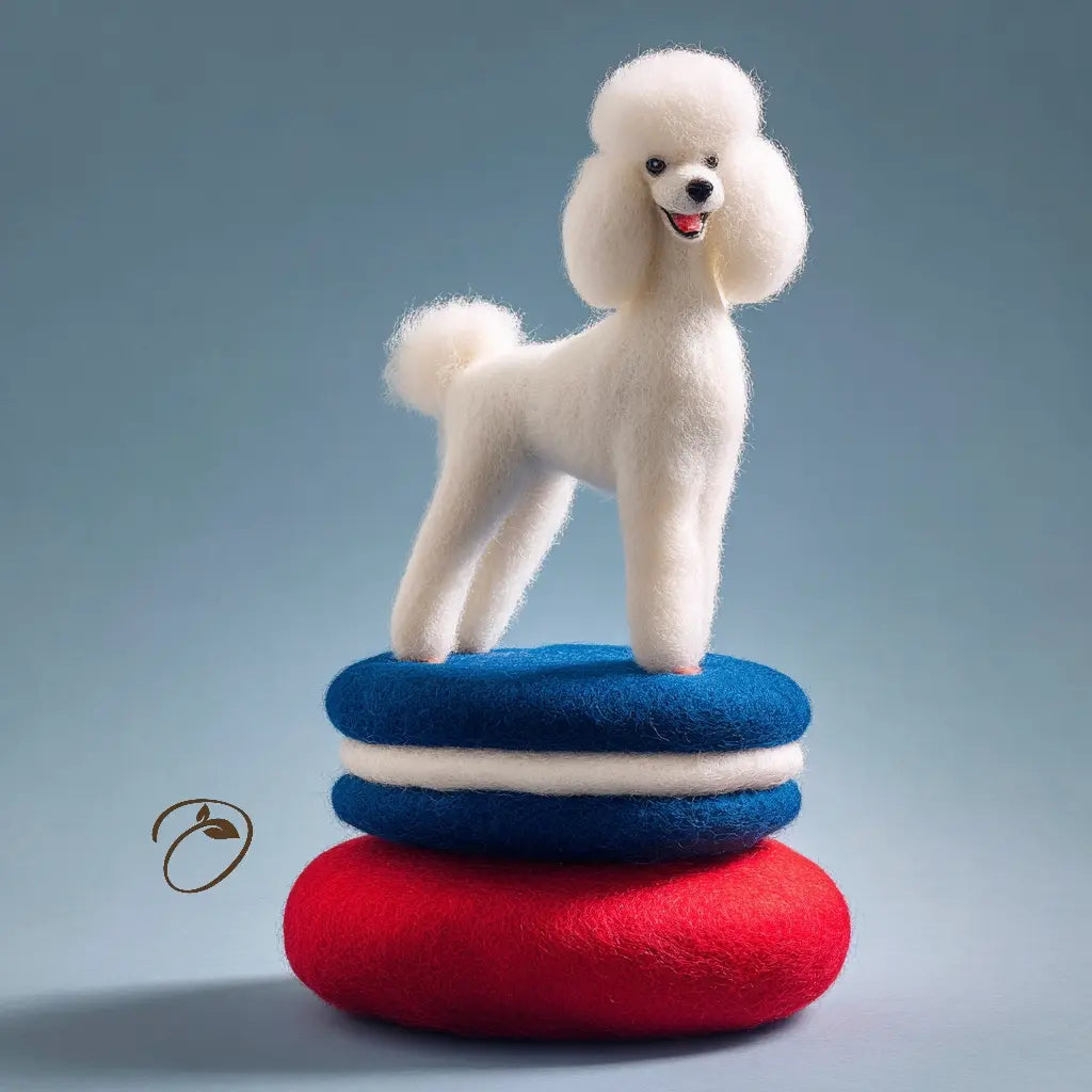 White poodle standing on a stack of red and blue felted pillows against a gray background