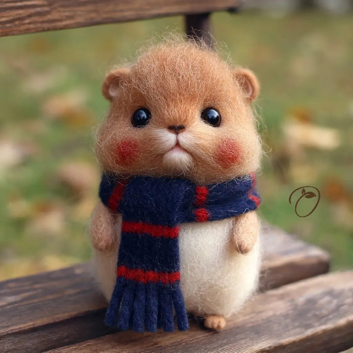 Small animal figurine wearing a blue scarf on a wooden surface with a blurred natural background