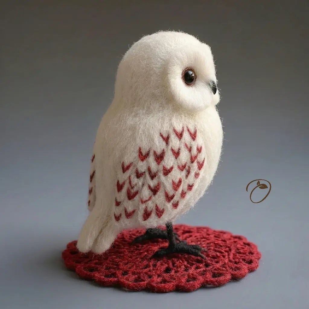 White owl with red pattern on a red base against a gray background