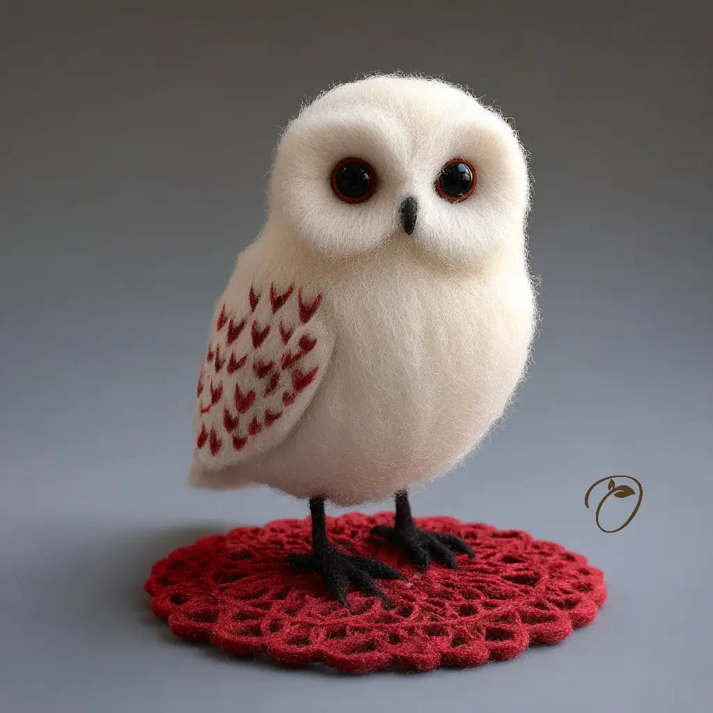 White owl with red heart pattern on wing standing on a red doily against a gray background