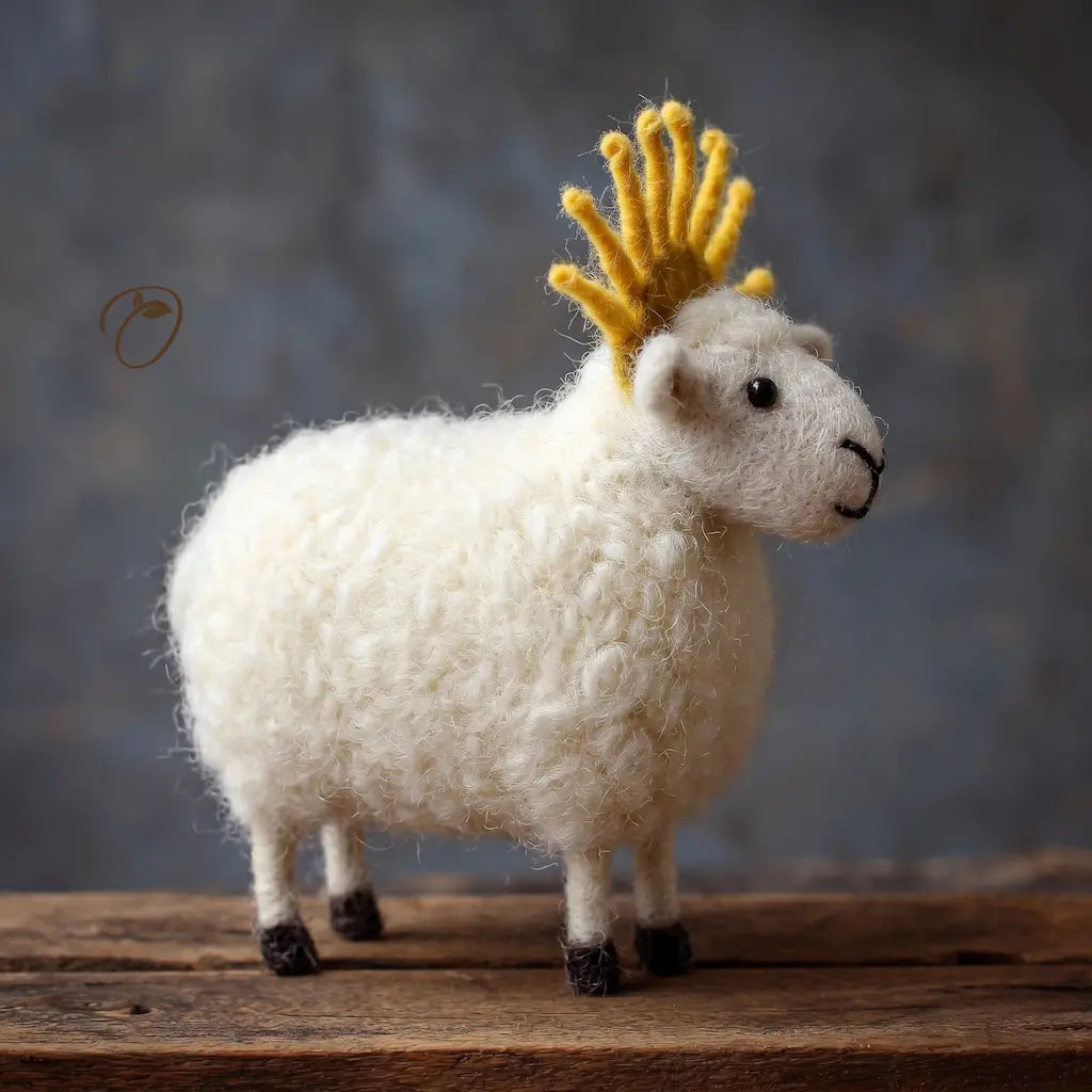 White sheep figurine with a yellow crown on a wooden surface