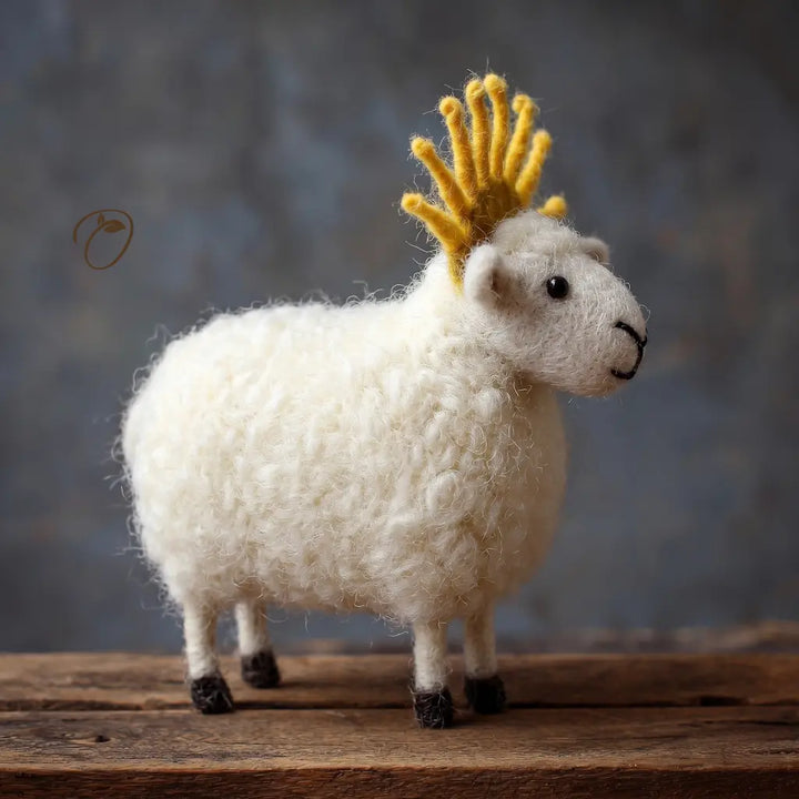 White sheep figurine with a yellow crown on a wooden surface