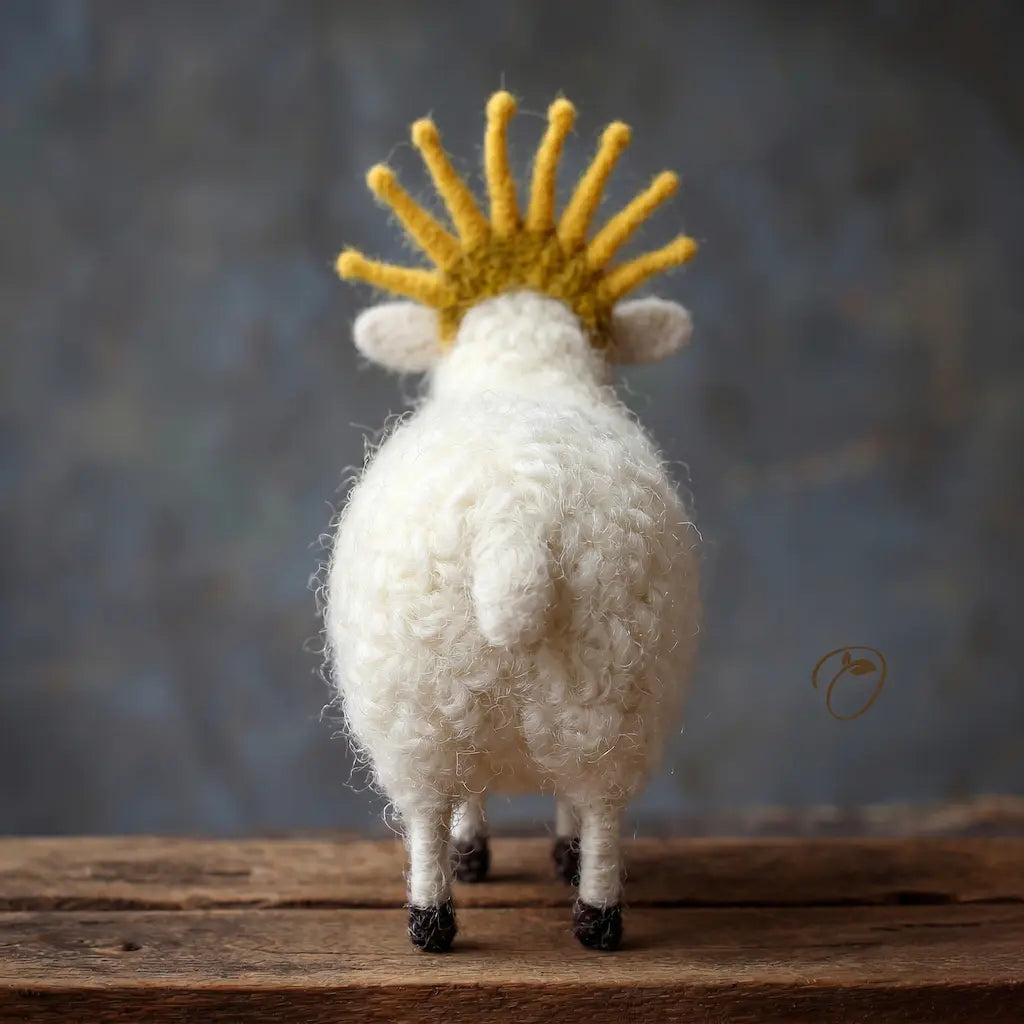 Felted sheep figurine with a yellow crown on a wooden surface