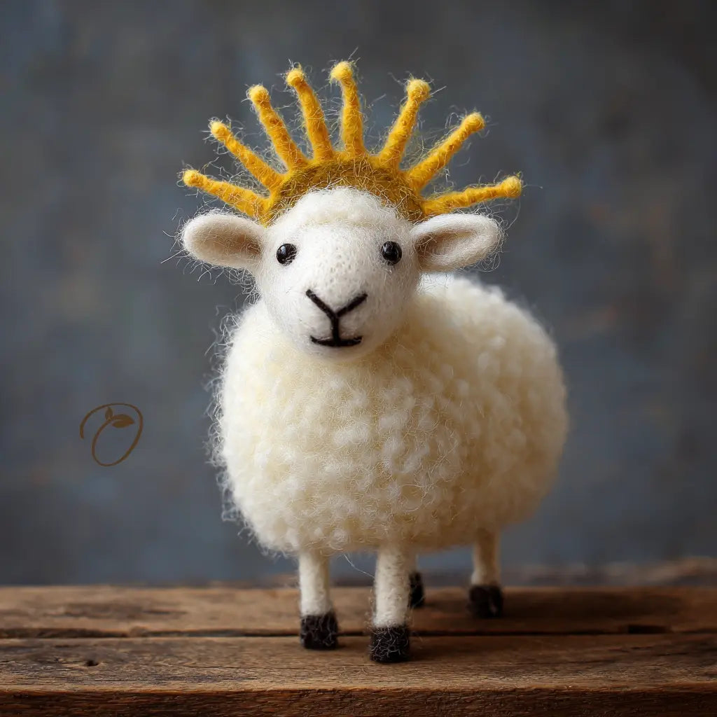 White sheep figurine with a yellow crown on a wooden surface
