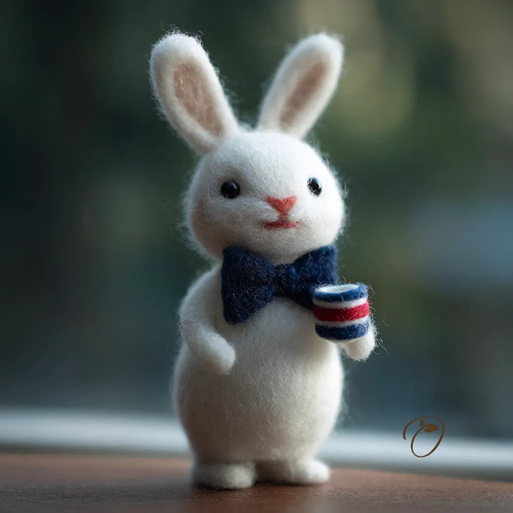 White rabbit figurine with a bow tie and striped cup on a blurred background