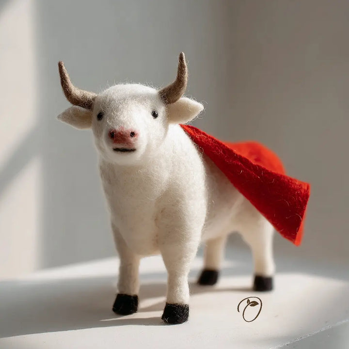 Felted white bull with a red coat