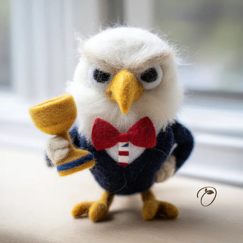 Plush toy eagle wearing a suit and holding a flag, on a light background