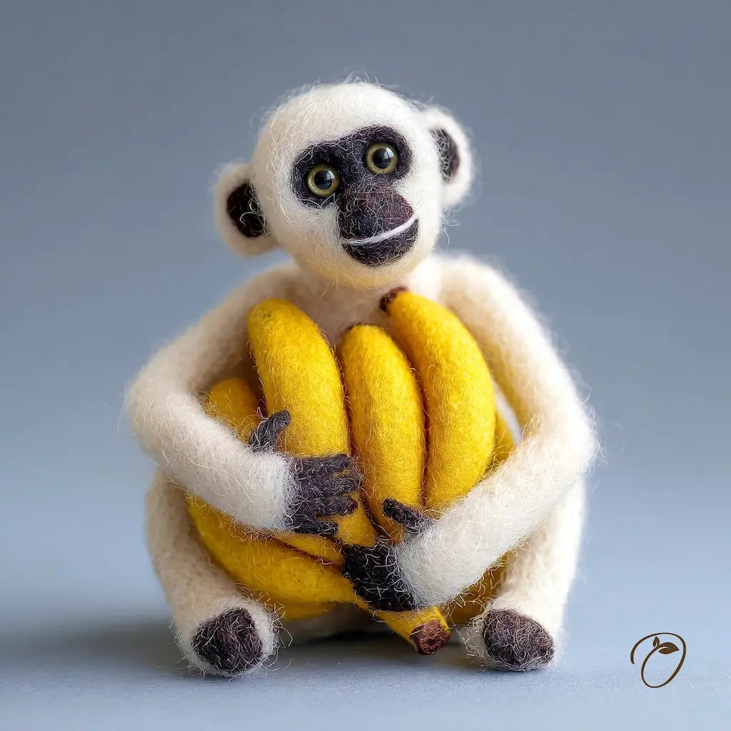 Toy lemur holding bananas against a gray background