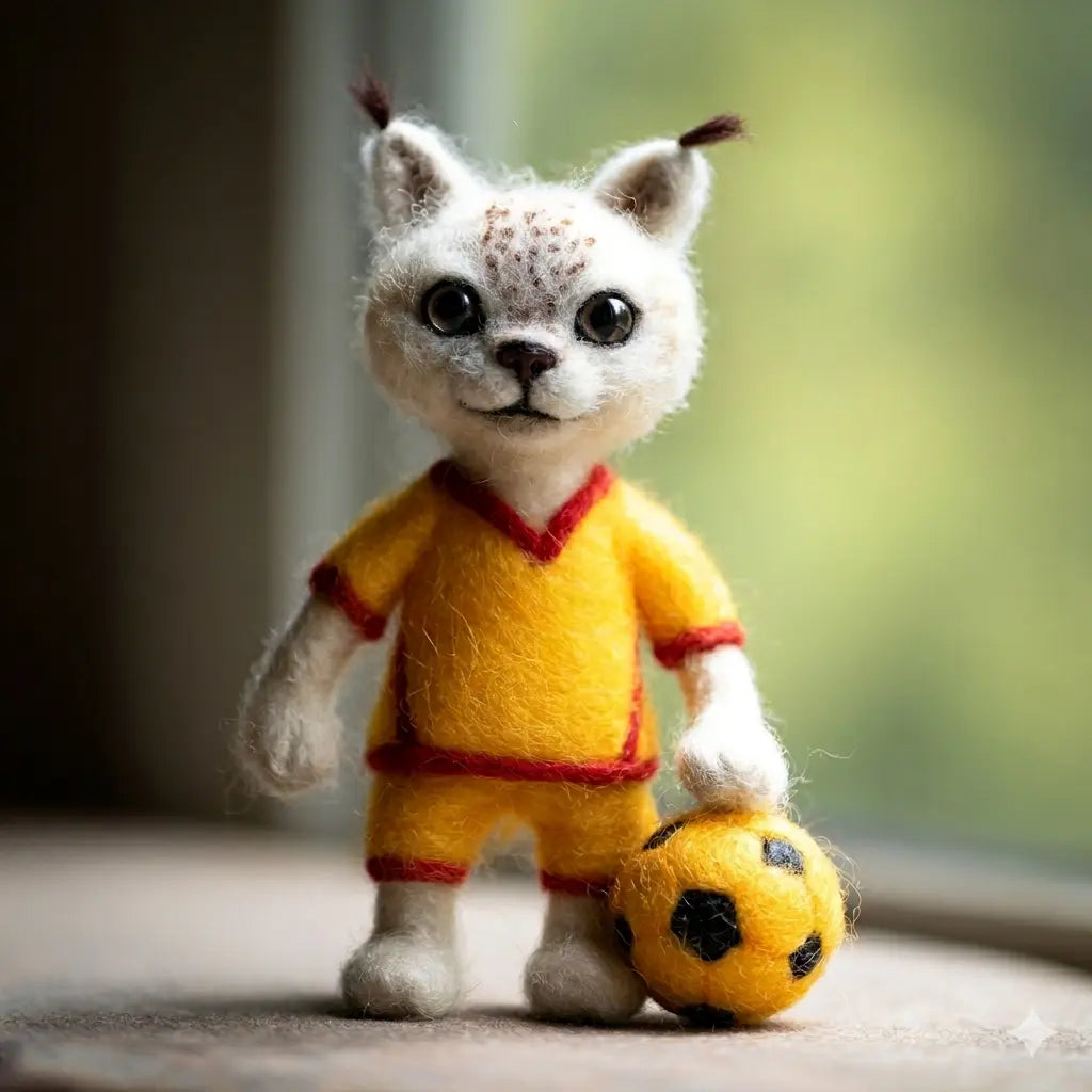 Toy figure of a cat in a yellow outfit holding a small ball on a wooden surface.