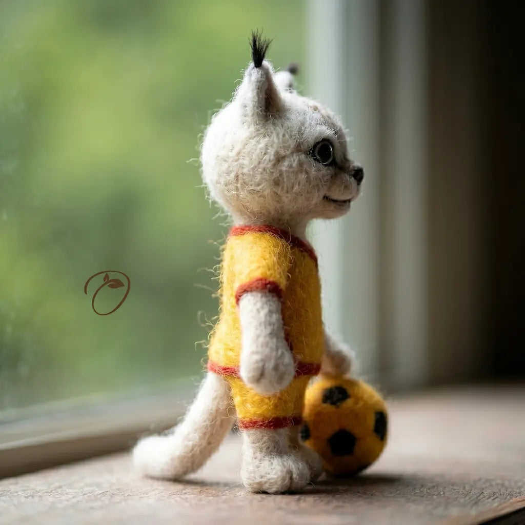 Stuffed animal toy resembling a cat in a yellow outfit sitting on a surface with a blurred background.